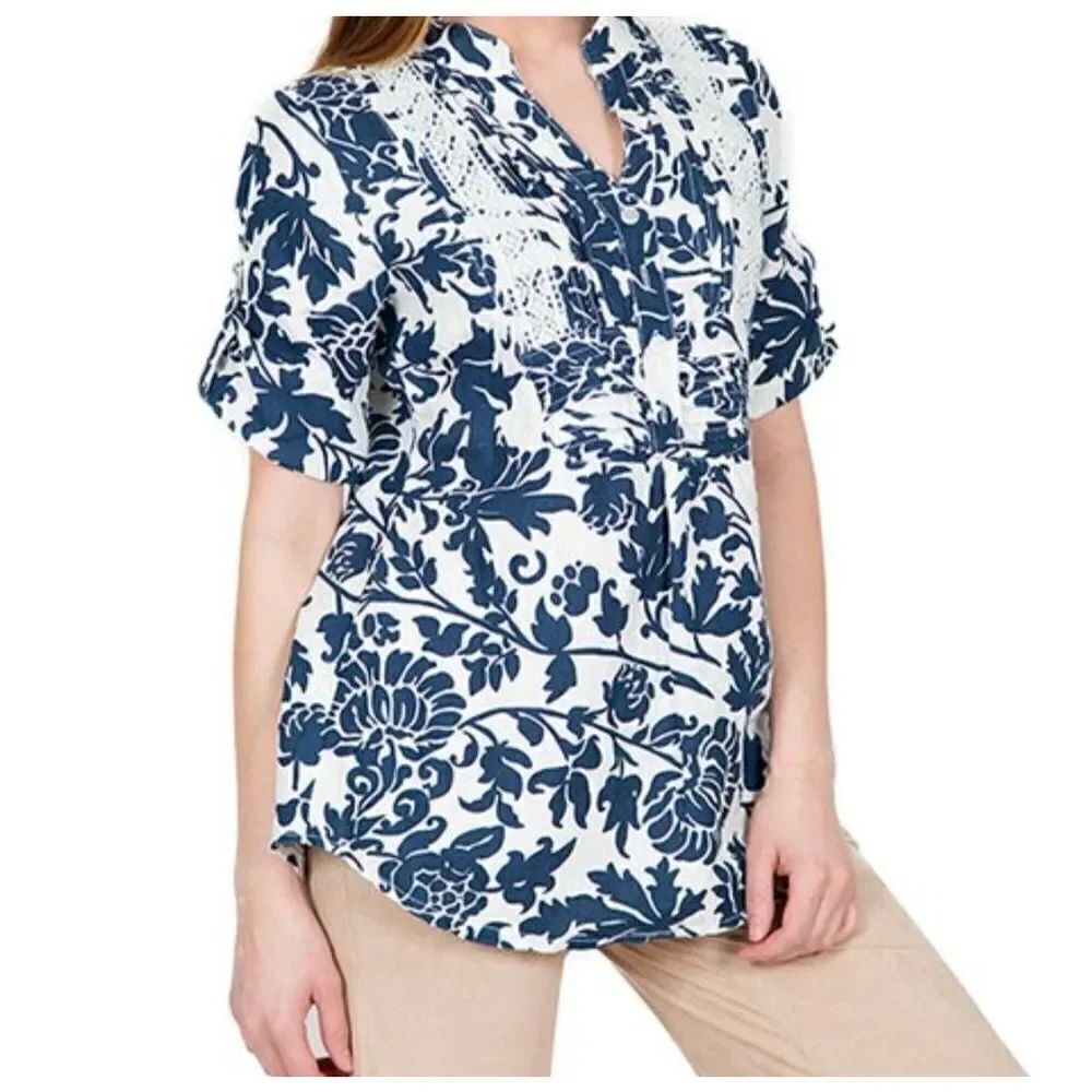 Elena Baldi Navy & White Lace-Accent Linen Button-Front Tunic sz S